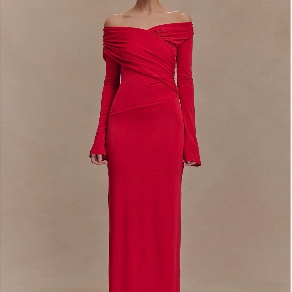 Meshki Therese Red Off-Shoulder Draped Maxi Dress
